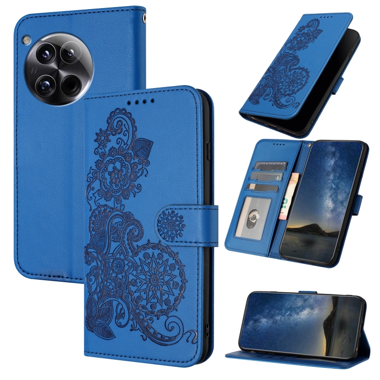 

For OnePlus 12 Datura Flower Embossed Flip Leather Phone Case(Blue)