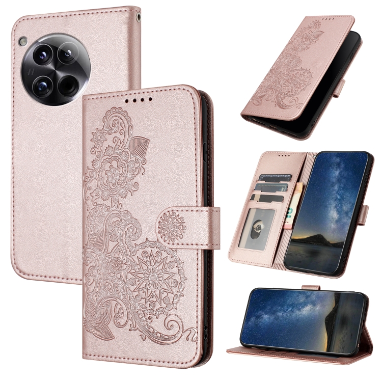 

For OnePlus 12 Datura Flower Embossed Flip Leather Phone Case(Rose Gold)