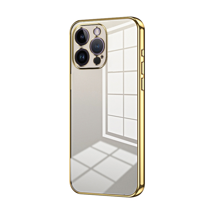 

For iPhone 14 Pro Max Transparent Plating Fine Hole Phone Case(Gold)