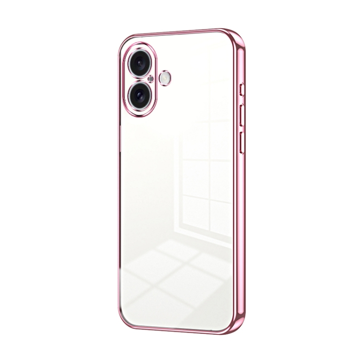

For iPhone 16 Transparent Plating Fine Hole Phone Case(Pink)