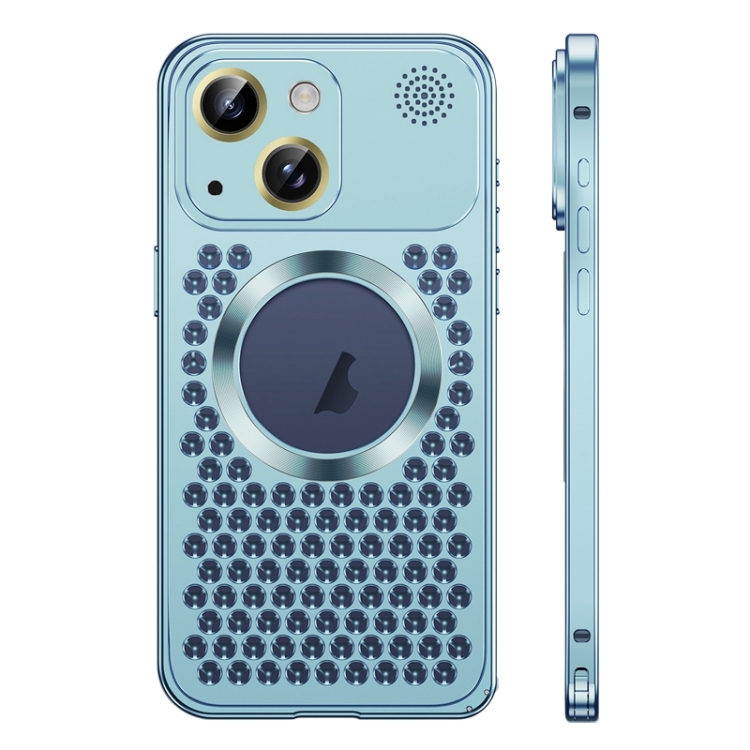 

For iPhone 14 Spring Buckle MagSafe Magnetic Metal Aromatherapy Phone Case(Blue)