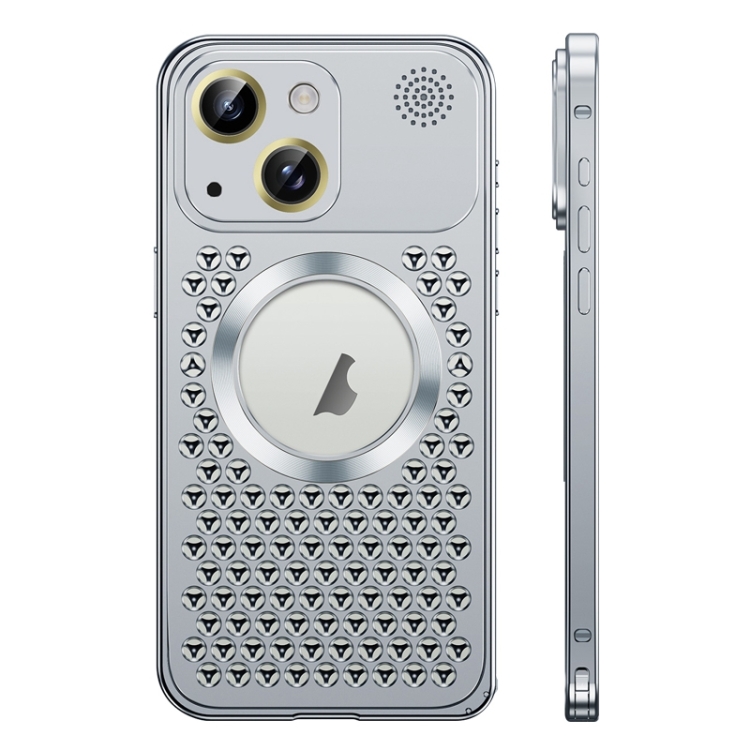 

For iPhone 14 Plus Spring Buckle MagSafe Magnetic Metal Aromatherapy Phone Case(Silver)