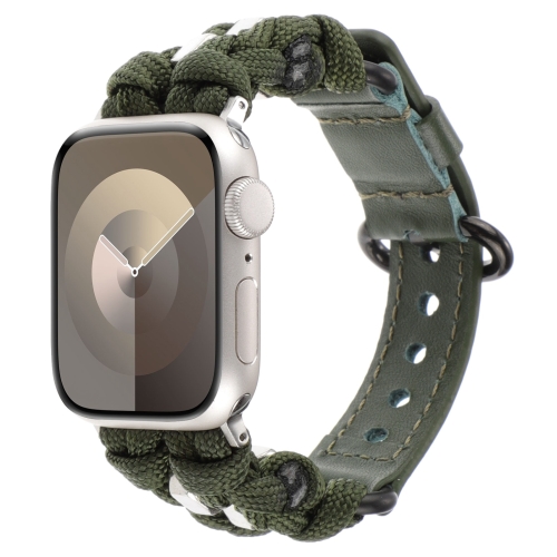 Para Apple Watch Correa de reloj de cuero genuino Paracord de 38 mm verde militar
