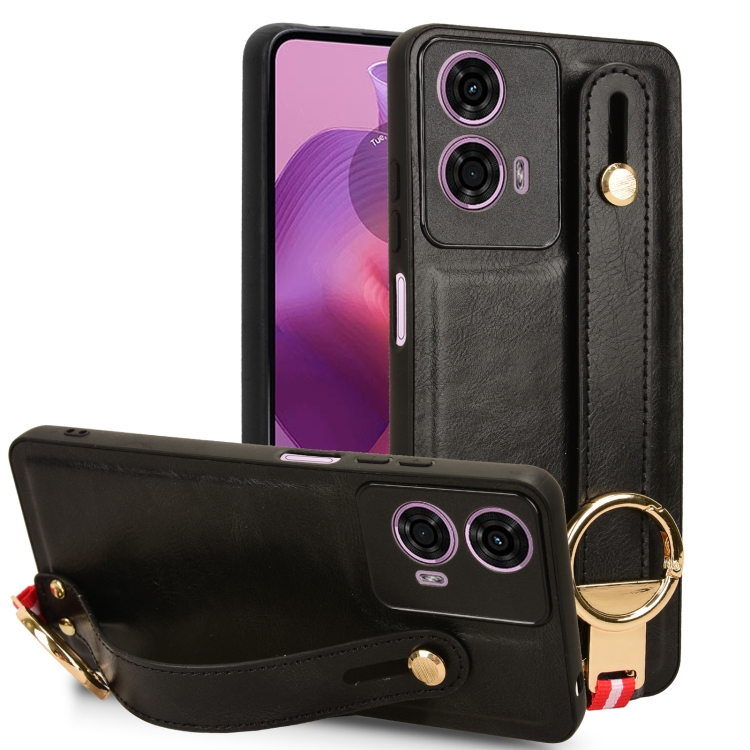 

For Motorola Moto E14 Wristband Leather Back Phone Case(Black)