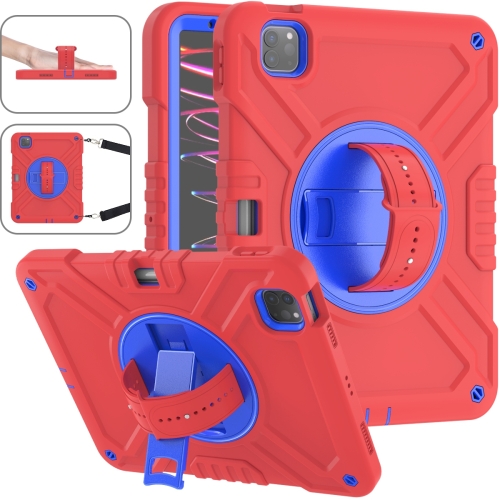 

For iPad Air 2022 10.9 / Pro 11 2022 X Rotation PC Hybrid Silicone Tablet Case with Strap(Red Blue)
