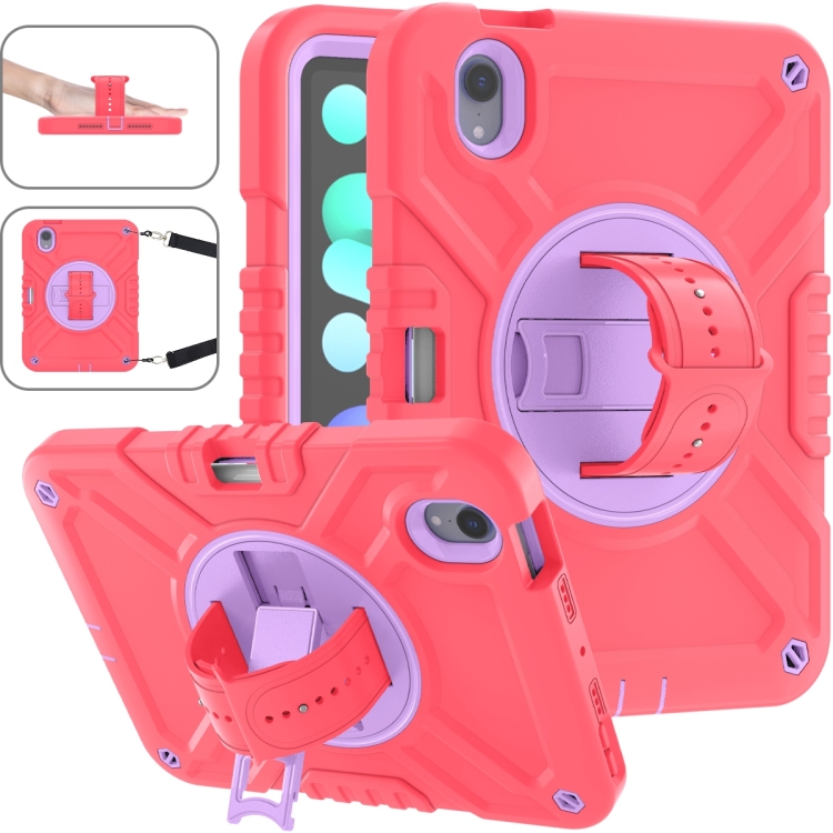

For iPad mini 6 X Rotation PC Hybrid Silicone Tablet Case with Strap(Red Purple)