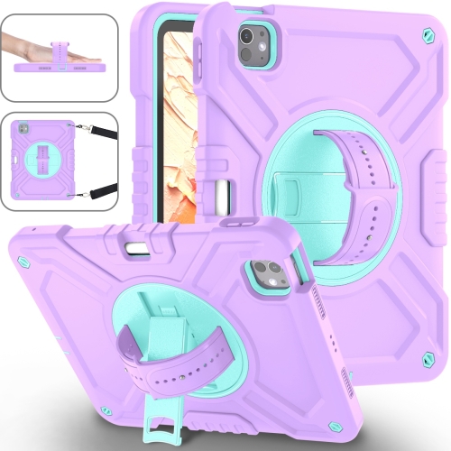 

For iPad Pro 11 2024 X Rotation PC Hybrid Silicone Tablet Case with Strap(Purple Cyan)