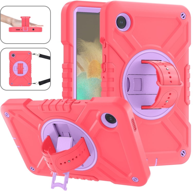 

For Samsung Galaxy Tab A9 X110 X Rotation PC Hybrid Silicone Tablet Case with Strap(Red Purple)