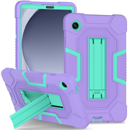 

For Samsung Galaxy Tab A9 X115 Contrast Color Robot Silicone Hybrid PC Tablet Case with Holder(Purple Mint Green)
