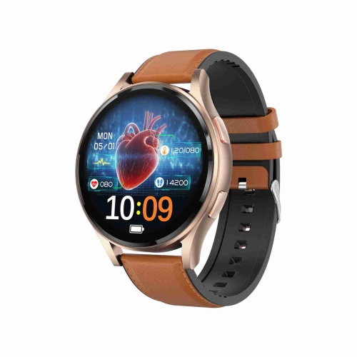 

1.43 inch Leather Strap Bluetooth Call Smart Watch Support ECG / Non-invasive Blood Sugar(Brown)