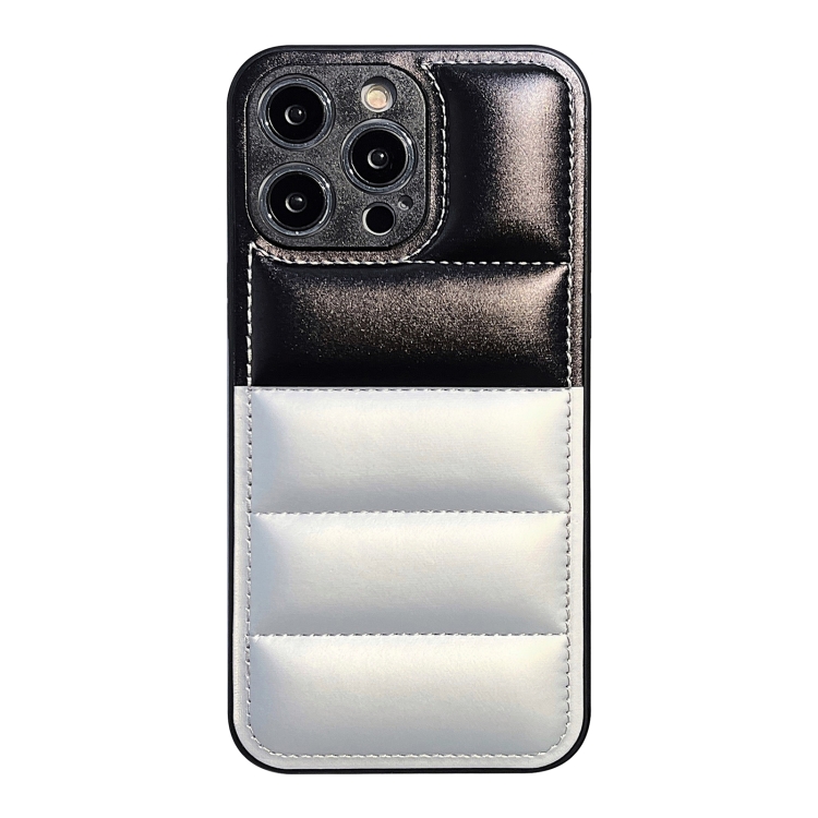 

For iPhone 15 Pro Max Color Block Down Jacket Phone Case(Black Silver)