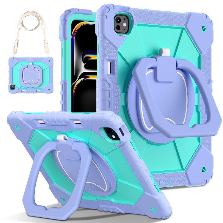 

For iPad Pro 13 2024 Contrast Color Robot Silicone Hybrid PC Tablet Case(Purple Mint Green)