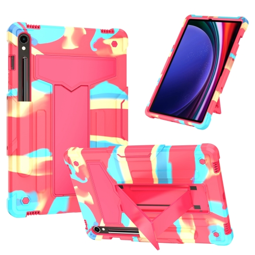 

For Samsung Galaxy Tab S9 FE / S9 T Holder Robot Silicone Hybrid PC Tablet Case(Camouflage Rose Red)