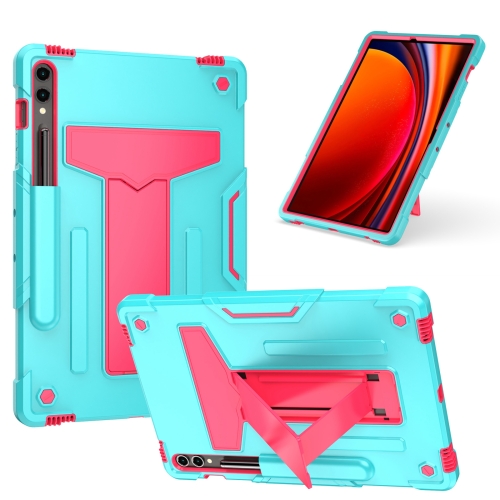 

For Samsung Galaxy Tab S9 FE+ / S9+ T Holder Robot Silicone Hybrid PC Tablet Case(Mint Rose Red)