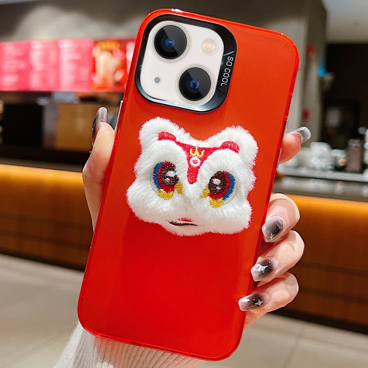 For iPhone 14 New Year Lion Dance Plush Doll Phone Case(Red