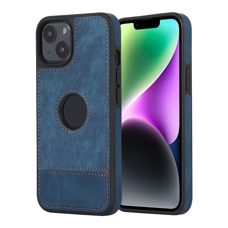 

For iPhone 14 Plus Splicing Sewing Hollow Cutout PU Phone Case(Blue)