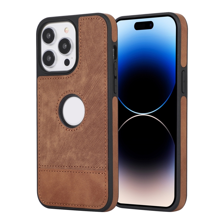 

For iPhone 14 Pro Max Splicing Sewing Hollow Cutout PU Phone Case(Brown)