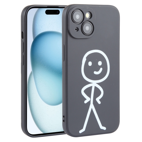 Pour iPhone 15 Plus Étui de téléphone en silicone liquide à motif Stickman (Noir)