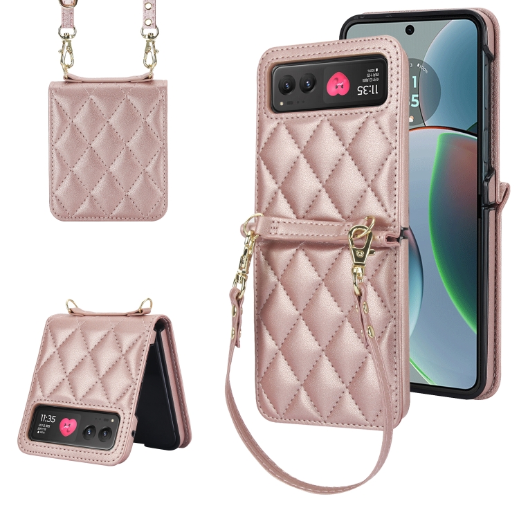 

For Motorola Razr 40 Rhombic Texture Phone Case with Long & Short Lanyard(Rose Gold)