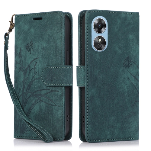 

For OPPO A17 / A17K Orchid Butterfly Embossed Leather Phone Case(Green)