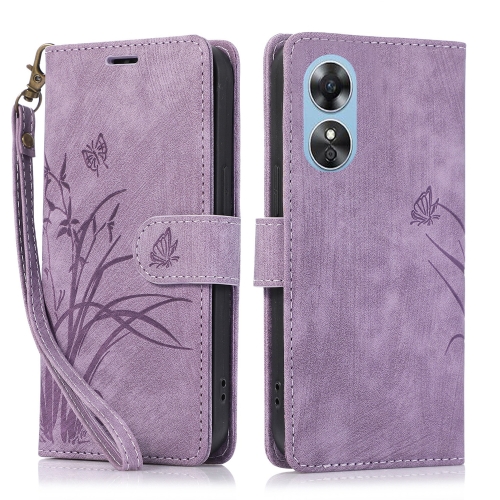 

For OPPO A17 / A17K Orchid Butterfly Embossed Leather Phone Case(Purple)