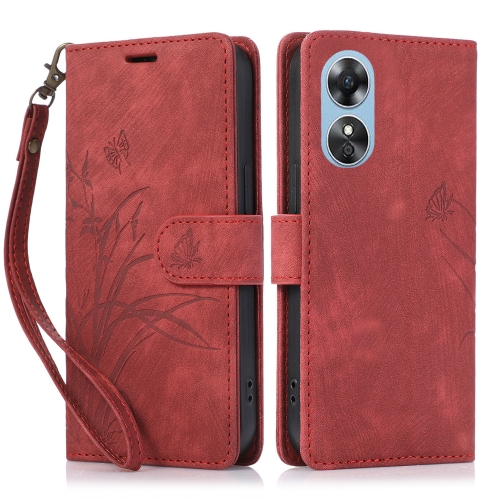 

For OPPO A17 / A17K Orchid Butterfly Embossed Leather Phone Case(Red)