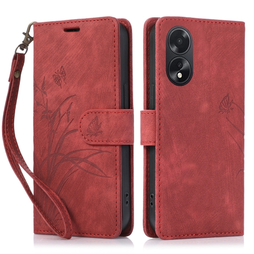 

For OPPO A18 / A38 Orchid Butterfly Embossed Leather Phone Case(Red)