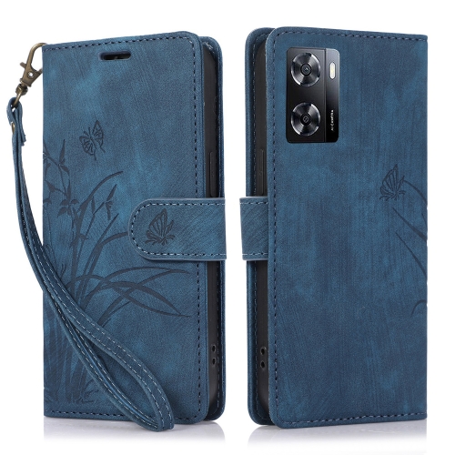 

For OPPO A57 4G / A57S Orchid Butterfly Embossed Leather Phone Case(Blue)