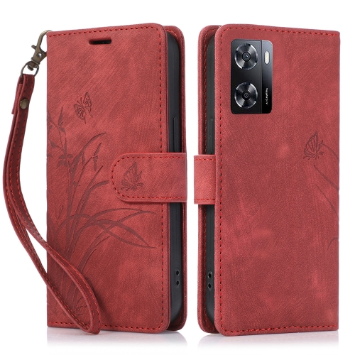 

For OPPO A57 4G / A57S Orchid Butterfly Embossed Leather Phone Case(Red)