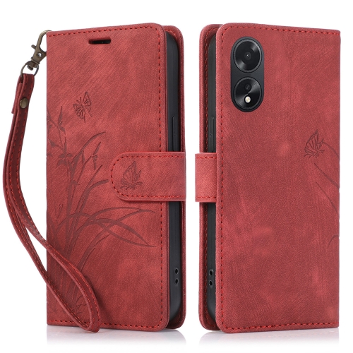 

For OPPO A58 4G Orchid Butterfly Embossed Leather Phone Case(Red)