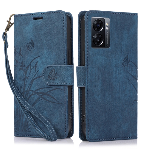

For OPPO A77 4G / A77S Orchid Butterfly Embossed Leather Phone Case(Blue)