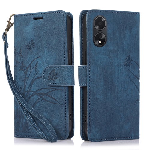 

For OPPO A78 4G Orchid Butterfly Embossed Leather Phone Case(Blue)