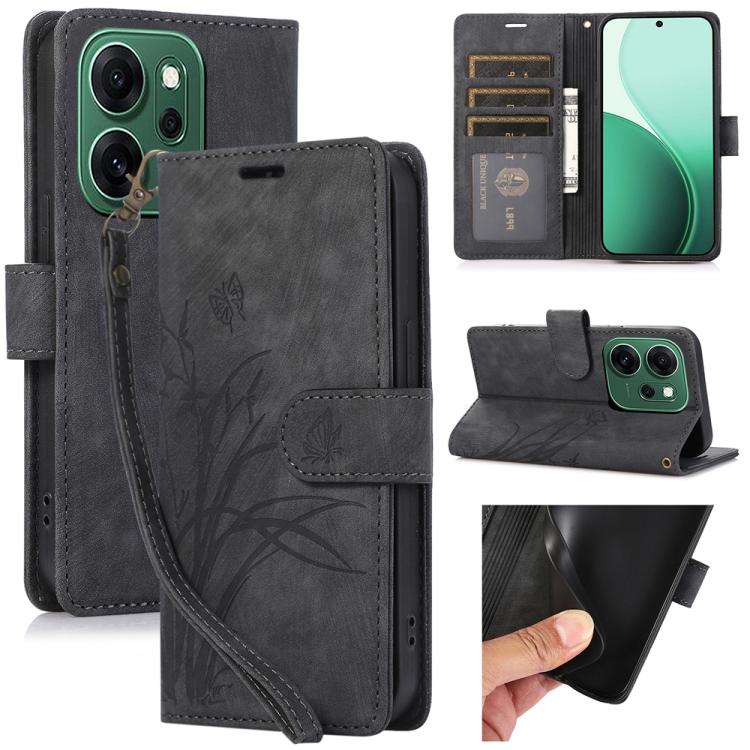 

For OPPO Reno14 F 5G Orchid Butterfly Embossed Leather Phone Case(Black)