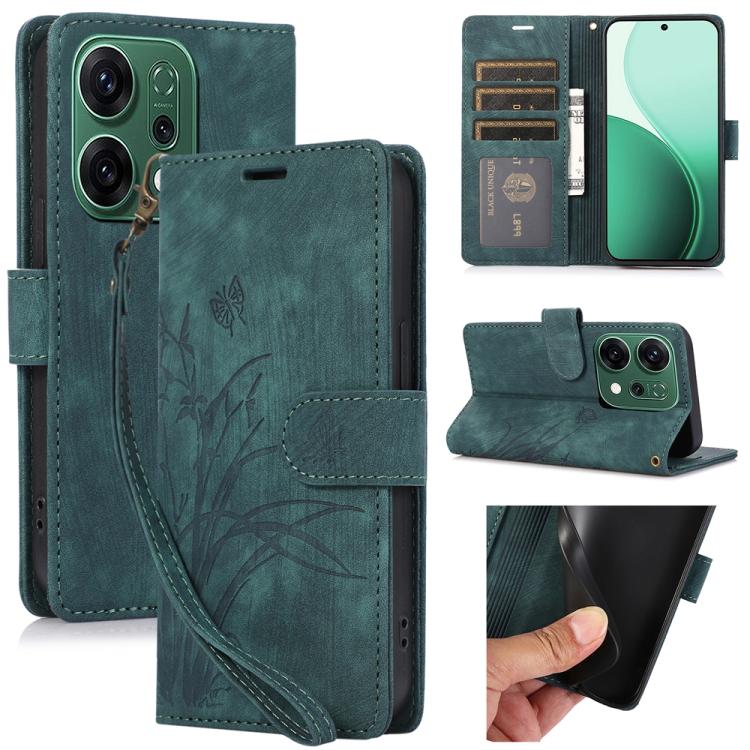 

For OPPO Reno14 Global Orchid Butterfly Embossed Leather Phone Case(Green)