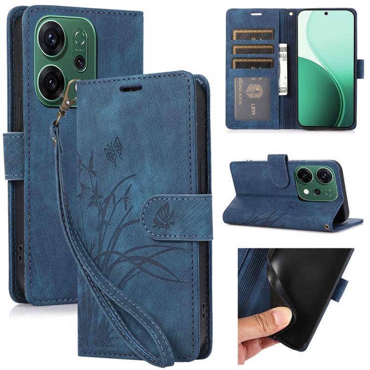 

For OPPO Reno14 Global Orchid Butterfly Embossed Leather Phone Case(Blue)