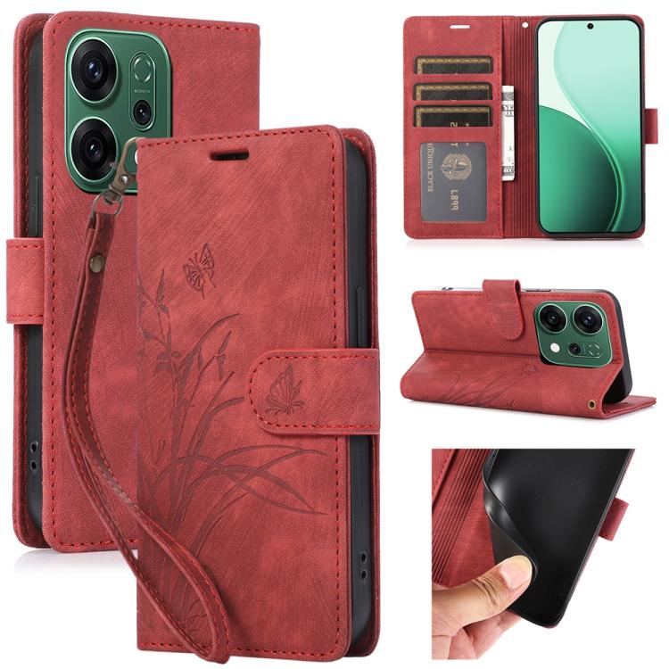 

For OPPO Reno14 Global Orchid Butterfly Embossed Leather Phone Case(Red)