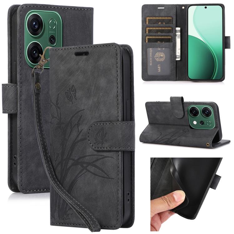 

For OPPO Reno14 Pro Global Orchid Butterfly Embossed Leather Phone Case(Black)