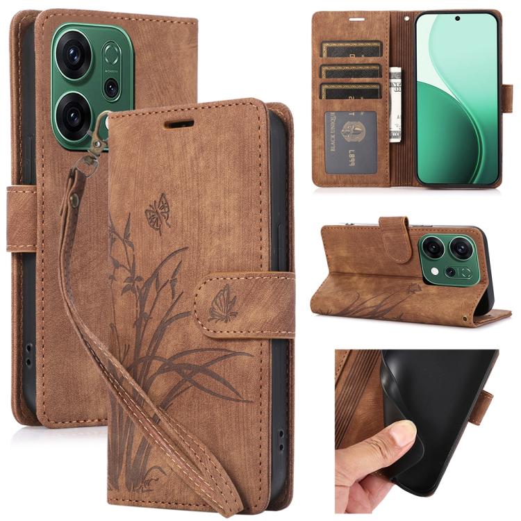 

For OPPO Reno14 Pro Global Orchid Butterfly Embossed Leather Phone Case(Brown)