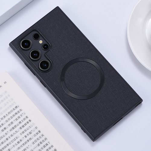 For Samsung Galaxy S24 Ultra 5G Magsafe Magnetic Ring Cloth Texture Phone Case(Black) for xiaomi 13t redmi k60 ultra double buckle card slots magnetic phone case blue