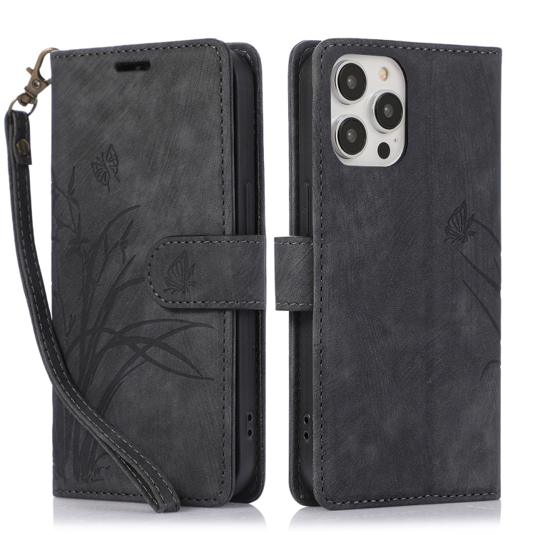 

For iPhone 15 Pro Max Orchid Butterfly Embossed Leather Phone Case(Black)