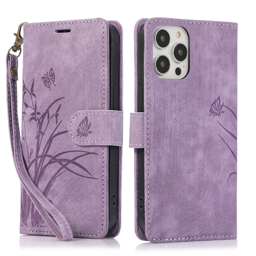Para iPhone 15 Pro Max Funda para teléfono de cuero con relieve de mariposa orquídea (púrpura)