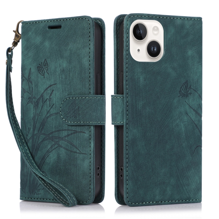 

For iPhone 15 Plus Orchid Butterfly Embossed Leather Phone Case(Green)