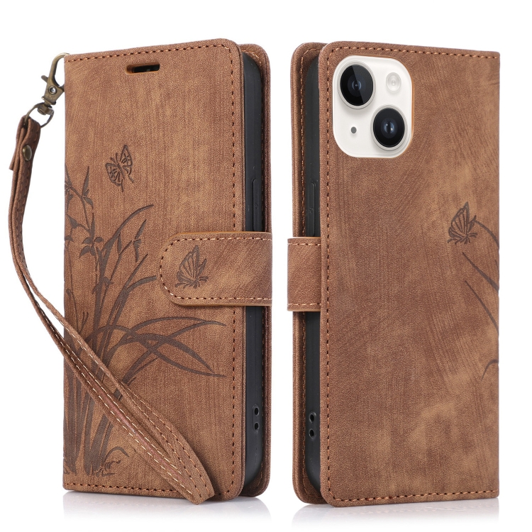 

For iPhone 15 Plus Orchid Butterfly Embossed Leather Phone Case(Brown)