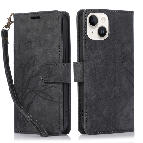 

For iPhone 15 Orchid Butterfly Embossed Leather Phone Case(Black)