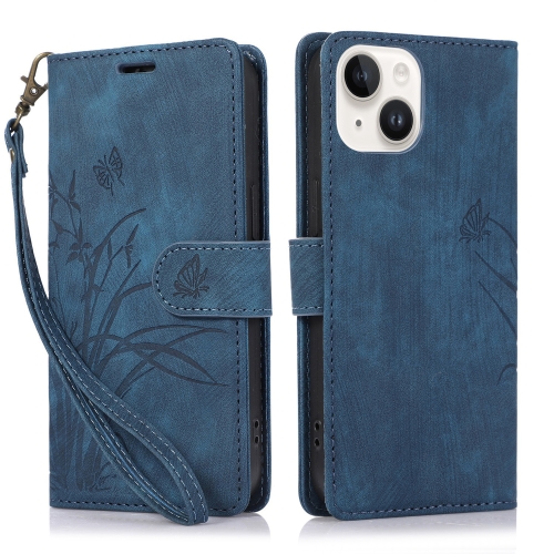

For iPhone 15 Orchid Butterfly Embossed Leather Phone Case(Blue)