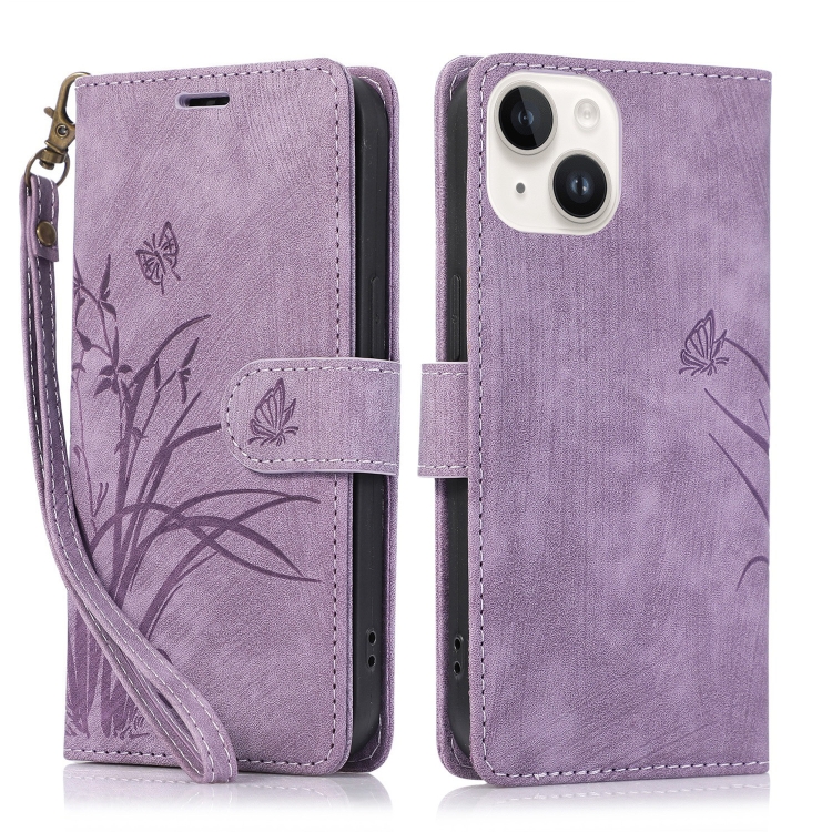 

For iPhone 14 Plus Orchid Butterfly Embossed Leather Phone Case(Purple)