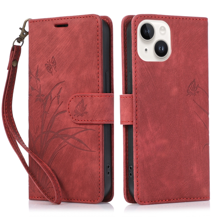 

For iPhone 14 Plus Orchid Butterfly Embossed Leather Phone Case(Red)