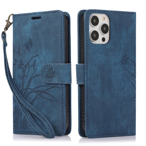 

For iPhone 14 Pro Orchid Butterfly Embossed Leather Phone Case(Blue)