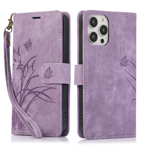 

For iPhone 14 Pro Orchid Butterfly Embossed Leather Phone Case(Purple)