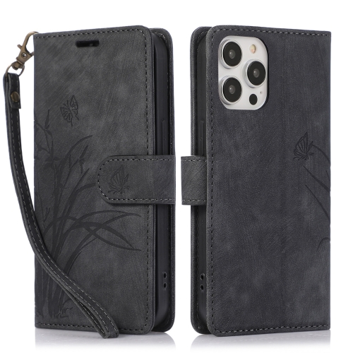 

For iPhone 14 Pro Max Orchid Butterfly Embossed Leather Phone Case(Black)